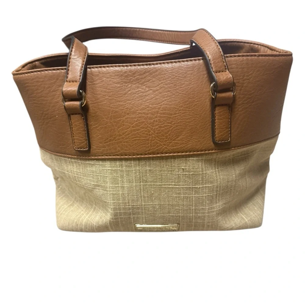 Nicole Miller Tan Sparkly Linen & Faux Leather Laser-Cut Tote Handbag - Picture 7 of 14